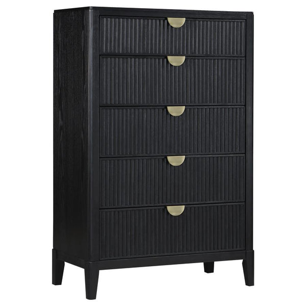 Add abundant clothing and accessory storage in a stylish bedroom with this modern five-drawer chest. Its compact profile fits virtually anywhere, while a chic look is created with fluted drawer fronts that add impressive dimensionality. A black finish imp