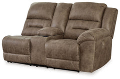 This right-arm facing power reclining loveseat with console is made with polyester upholstery. Pairs with other items in the series to make a sectional.<br><br><b>Additional Dimensions</b><br><ul><li>Arm height: 27-"</li><li>Seat depth: 22-"</li><li>Seat 