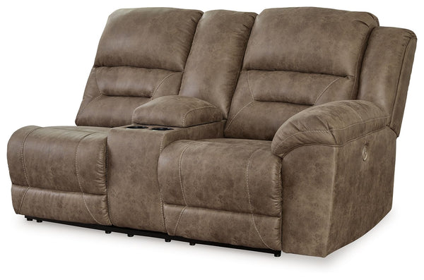 This right-arm facing power reclining loveseat with console is made with polyester upholstery. Pairs with other items in the series to make a sectional.<br><br><b>Additional Dimensions</b><br><ul><li>Arm height: 27-"</li><li>Seat depth: 22-"</li><li>Seat 