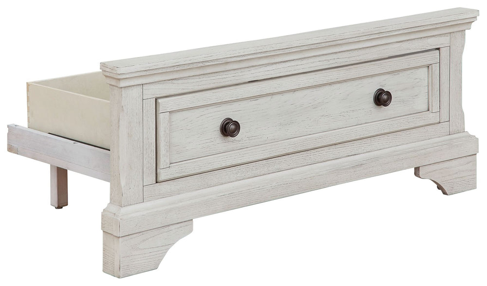 This twin storage footboard with roll slats is made with wood, select oak veneer, engineered wood and cast resin components. Pairs with other items in the series to make a bed kit.<br><br><b>Additional Dimensions</b><br><ul><li>Drawer interior: 0-"</li></