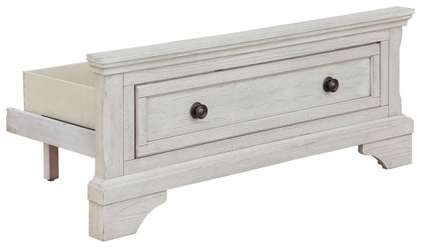 This twin storage footboard with roll slats is made with wood, select oak veneer, engineered wood and cast resin components. Pairs with other items in the series to make a bed kit.<br><br><b>Additional Dimensions</b><br><ul><li>Drawer interior: 0-"</li></
