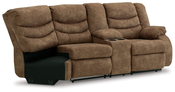 This right-arm facing reclining loveseat with half wedge console is made with faux leather upholstery. Pairs with other items in the series to make a sectional.<br><br><b>Additional Dimensions</b><br><ul><li>Arm height: 26-"</li><li>Seat depth: 22-"</li><