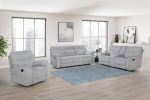  and functionality with the Chablis Reclining Sofa in Mist Gray. Expertly crafted with durable hardwood and plywood interior frames and supported by sturdy motion mechanisms