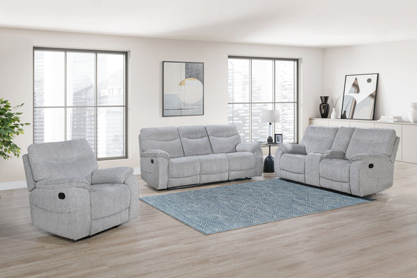 and functionality with the Chablis Reclining Sofa in Mist Gray. Expertly crafted with durable hardwood and plywood interior frames and supported by sturdy motion mechanisms
