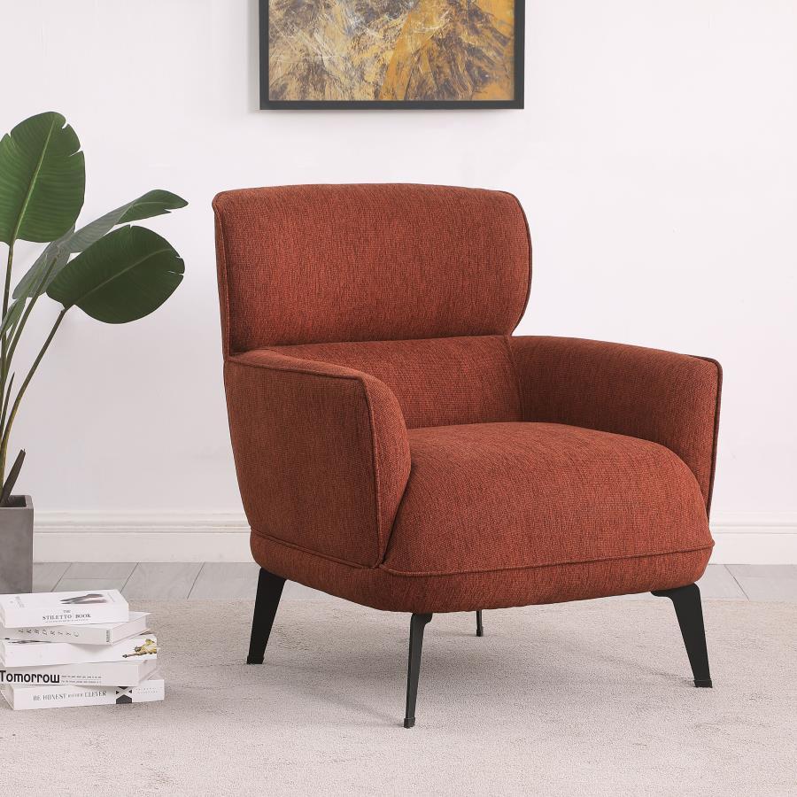 Check all the boxes for a comfortable and stylish addition to your living space. This chic accent chair reflects the best of both modern and transitional style elements. Gorgeous upholstery covers a chair made of wood products and padded with foam to crea