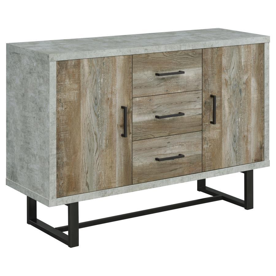 Rustic elements and industrial touches complete with overall minimal style of this contemporary accent cabinet. An outer edge of a faux cement finish reflects the gray undertones of the weathered oak drawer and cabinet panels. With a bold contrast and exp