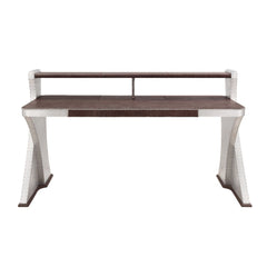 The Brancaster Aluminum Desk-'s modern look and industrial styling include retro brown top grain leather top, aluminum over plywood construction, and exposed rivets that form a patchwork over the frame. A brilliant addition to your workspace, this desk fe