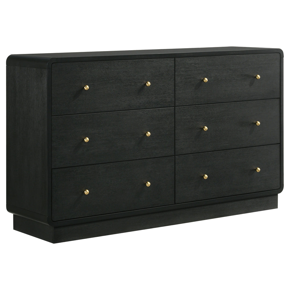 Complement a stylish bedroom with the abundant storage featured in a modern six-drawer dresser. Delivering a sophisticated presentation, it boasts a black finish over melamine surfaces that resist damage to remain looking their best. Ball knobs complement