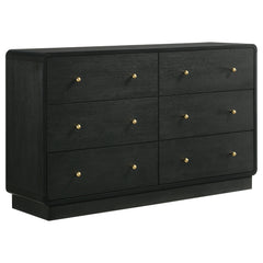 Complement a stylish bedroom with the abundant storage featured in a modern six-drawer dresser. Delivering a sophisticated presentation, it boasts a black finish over melamine surfaces that resist damage to remain looking their best. Ball knobs complement