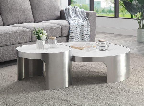 KDâ€§ Round Nesting Cocktail Tableâ€§Faux Marble Top: 20mmâ€§Stainless Steel Frame: 201 Stainless<br/><br/><b>Product Features</b><ul><li>Cultured Marble Topâ€§Stainless Steel Frame</li><li>Case: 1Set/4Ctn</li><li>Finish: Faux Marble & Mirrored Silver Fin