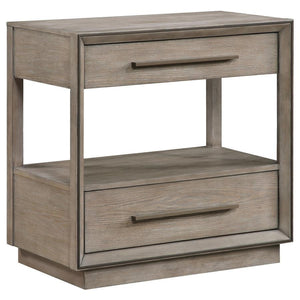 Complement your stylish bedroom with the addition of a modern two-drawer nightstand. In a taupe oak finish, it-'s got an approachable look and feel, complete with easy storage and a full open shelf that creates the perfect spot for books or an e-reader. U