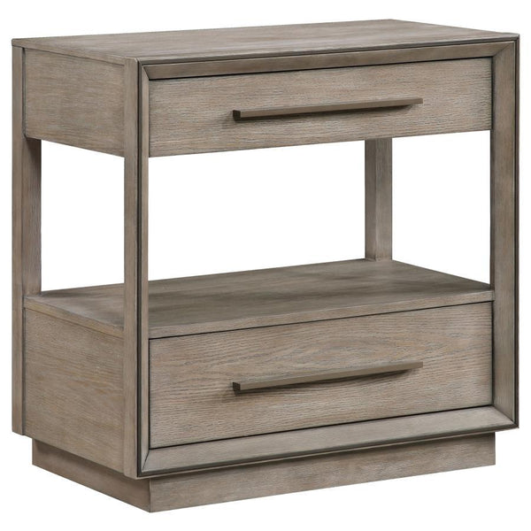 Complement your stylish bedroom with the addition of a modern two-drawer nightstand. In a taupe oak finish, it-'s got an approachable look and feel, complete with easy storage and a full open shelf that creates the perfect spot for books or an e-reader. U