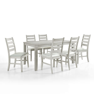 Experience the Pascal 7 Piece Dining Room Set in Driftwood Gray, a perfect blend of style and functionality. This set includes a 59-inch long rectangular wood dining table and six matching chairs, all crafted from a combination of solid Rubberwood and man