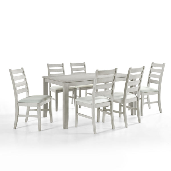 Experience the Pascal 7 Piece Dining Room Set in Driftwood Gray, a perfect blend of style and functionality. This set includes a 59-inch long rectangular wood dining table and six matching chairs, all crafted from a combination of solid Rubberwood and man