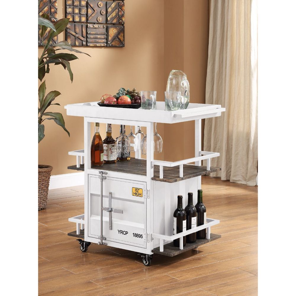 KD, Rectangular Serving Cart â€¢ Storage: 3 Open Compartments (3 Shelves), 1 Door â€¢ Features: Metal Frame, Recessed Panels (Cargo Container Panels), Full-Length Container Lock â€¢ Caster Wheels Included â€¢â€¢ CONSTRUCTION â€¢â€¢ Wood Shelves: Wood, Pap