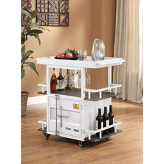 KD, Rectangular Serving Cart â€¢ Storage: 3 Open Compartments (3 Shelves), 1 Door â€¢ Features: Metal Frame, Recessed Panels (Cargo Container Panels), Full-Length Container Lock â€¢ Caster Wheels Included â€¢â€¢ CONSTRUCTION â€¢â€¢ Wood Shelves: Wood, Pap