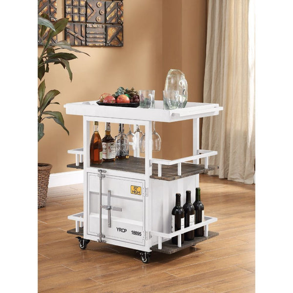 KD, Rectangular Serving Cart â€¢ Storage: 3 Open Compartments (3 Shelves), 1 Door â€¢ Features: Metal Frame, Recessed Panels (Cargo Container Panels), Full-Length Container Lock â€¢ Caster Wheels Included â€¢â€¢ CONSTRUCTION â€¢â€¢ Wood Shelves: Wood, Pap
