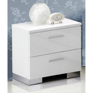 High gloss white finish wraps the Lorimar nightstand for a casual yet contemporary look to be added to your home. 2 drawers with ball bearing side metal glide. With this chic contemporary nightstand a casual yet contemporary look will be added to your bed