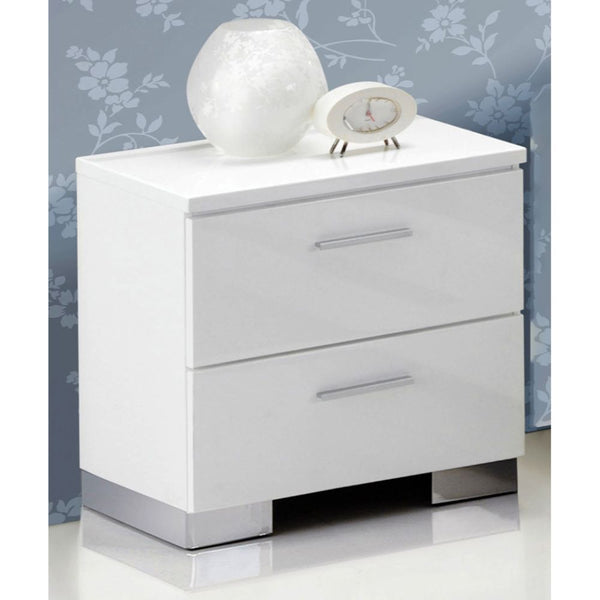 High gloss white finish wraps the Lorimar nightstand for a casual yet contemporary look to be added to your home. 2 drawers with ball bearing side metal glide. With this chic contemporary nightstand a casual yet contemporary look will be added to your bed