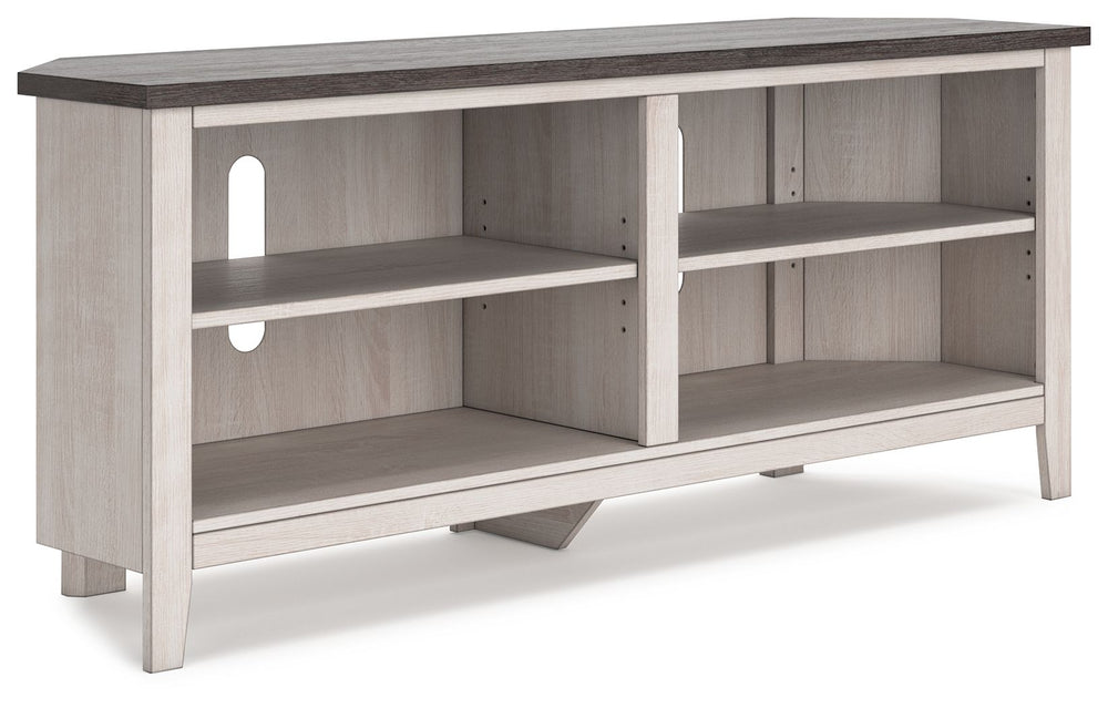 With its minimalist charm, this TV stand is right in tune with your relaxed approach to high style. Beautifully shaped to nestle into any corner, itâ€™s well equipped with a flexible open-concept design and cutouts for wire management that enhance the cle