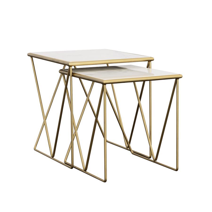 A perfect fusion of modern elegance and timeless luxury, this two-piece nesting table set brings a sophisticated touch to any space. The rectangular white marble tops exude refined beauty, while the sleek gold-finished iron bases feature angled, open-fram