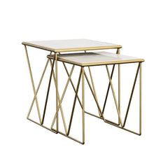 A perfect fusion of modern elegance and timeless luxury, this two-piece nesting table set brings a sophisticated touch to any space. The rectangular white marble tops exude refined beauty, while the sleek gold-finished iron bases feature angled, open-fram