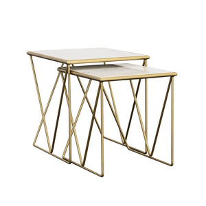 A perfect fusion of modern elegance and timeless luxury, this two-piece nesting table set brings a sophisticated touch to any space. The rectangular white marble tops exude refined beauty, while the sleek gold-finished iron bases feature angled, open-fram