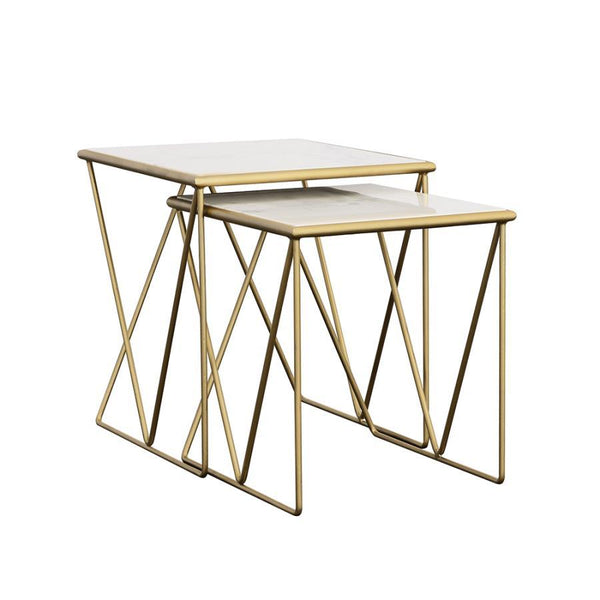 A perfect fusion of modern elegance and timeless luxury, this two-piece nesting table set brings a sophisticated touch to any space. The rectangular white marble tops exude refined beauty, while the sleek gold-finished iron bases feature angled, open-fram