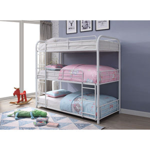 The ultimate space saver for small rooms, the Cairo triple metal bunk bed will be the best addition for your sweet home. Stacking three beds securely, the easy access guardrails keep your kids snug and secure, while the two built-in ladders offer easy acc