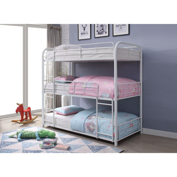 The ultimate space saver for small rooms, the Cairo triple metal bunk bed will be the best addition for your sweet home. Stacking three beds securely, the easy access guardrails keep your kids snug and secure, while the two built-in ladders offer easy acc