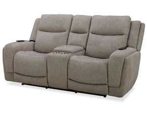 Penfield offers a remote control for a zero-gravity recline, power headrest, lumbar support, and heat and massage features for added relaxation. Made from durable and soft 100% polyester fabric, the Penfield has stylish two-tiered track arms.The loveseat 