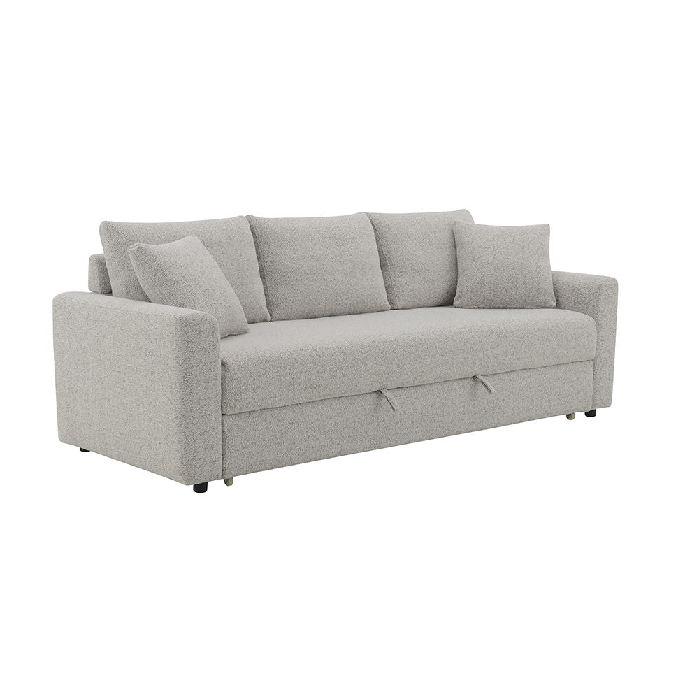 The Haran collection sofa in beige boucle fabric is a blend of elegance and functionality. Featuring a wooden inner frame, it effortlessly transforms into a full-size pull-out sleeper.The removable cushion and back cover, along with included accent pillow