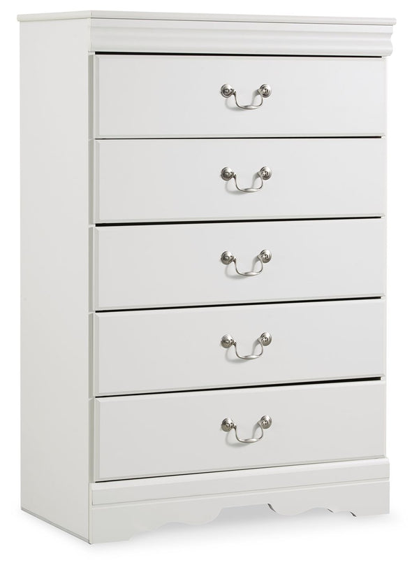 This chest of drawer-'s crisp cottage white gives traditional Louis Philippe profiling a delightful style awakening. The look is timeless. The feel? Right at home. Five smooth-gliding drawers with antiqued bail pulls beautifully accommodate.<br><br><b>Add