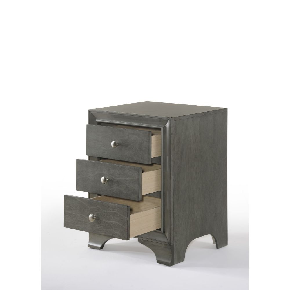 Edgy and elegant the Blaise Nightstand is where sweet dreams start. Its sturdy elm construction in gray oak finish and three ample Drawer make it the perfect place to store anything from love letters to stress-relieving lotions and potions. Bring home the