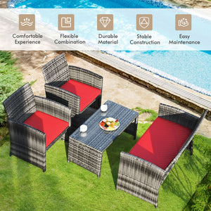 Rattan patio set includes one loveseat  two single chairs and one coffee table. <br>Made of high-quality rattan with strong built-in frame structure <br>Functional and beautiful design perfect for garden  backyard and balcony <br>Rattan coffee table with 