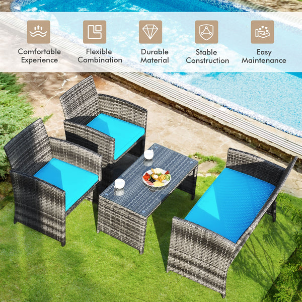 Rattan patio set includes one loveseat  two single chairs and one coffee table. <br>Made of high-quality rattan with strong built-in frame structure <br>Functional and beautiful design perfect for garden  backyard and balcony <br>Rattan coffee table with 