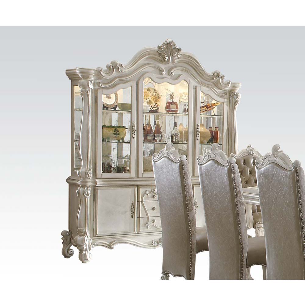 Hutch & Buffet Arched Hutch: Touch Light & 2 Glass Doors (2 Glass Shelves & Back Mirror Inside) Buffet 3 Drw & 2 Wooden Doors Oversized Scrolled Trim, Leaf Crown Motif, and Post-Leg (Poly Resin with Antique Contrast Finish) Drawer: GLIDE Side Metal (Ball 