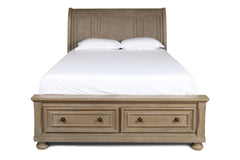 The Allegra Storage Sleigh Bed in a sophisticated pale pewter finish is a perfect blend of durability, style, and functionality. Expertly crafted from solid Mindi wood, engineered woods, and wood veneers, this bed offers exceptional durability and showcas