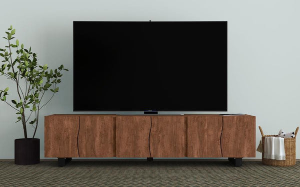  offering ample storage with its four doors and adjustable shelves. The mango brown finish highlights the natural beauty of the wood grain