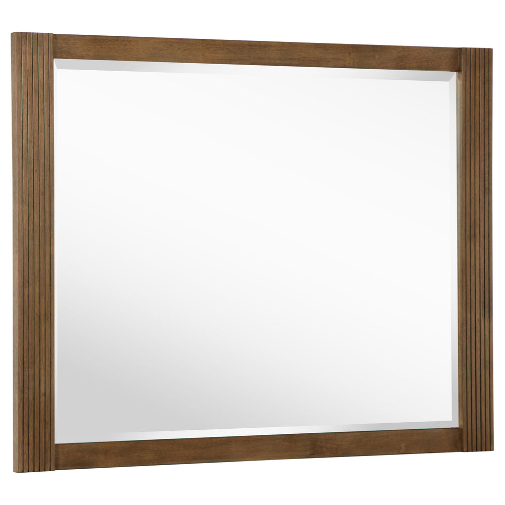 Offer a tailored touch to your bedroom with a modern framed dresser mirror. It mounts directly to the back of the dresser, offering reflectivity and lightness to surrounding decor. The mirror frame boasts a cool ash brown wood finish and features vertical