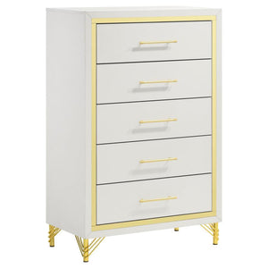 Inspired vintage touches create a refined sensibility for a modern five-drawer chest. Its tall, compact profile is ideal for a dressing area, offering plenty of storage with five roomy drawers that host everything from clothing and accessories to linens a