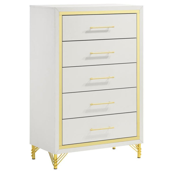 Inspired vintage touches create a refined sensibility for a modern five-drawer chest. Its tall, compact profile is ideal for a dressing area, offering plenty of storage with five roomy drawers that host everything from clothing and accessories to linens a
