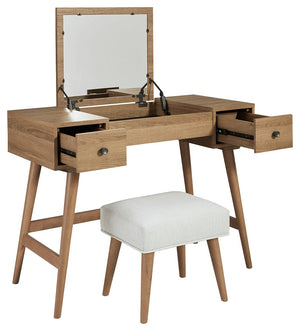  the mid-century inspired design of this vanity set in light brown is packed with possibilities. The flip-top design makes it doubly handy as a vanity or writing table