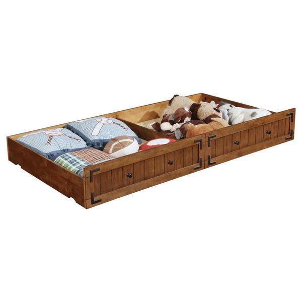 Add versatility and functionality to your daybed with this convertible trundle in a rustic honey finish. This trundle not only provides a cozy sleeping solution for guests but also serves as extra storage space when not in use. Crafted to complement the m