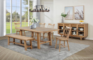 This refined dining set pairs timeless craftsmanship with a modern touch for a stylish and functional space. The extension dining table features a removable 16-inch leaf, expanding from 60 to 76 inches to accommodate various gatherings. Solid mahogany, en