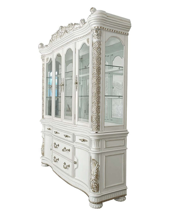 Commanding attention in any space, the impressive design of the Vendom double pedestal dining table will impress everyone. Adorned with classic elements including scrolls, curved shapes, and leaf molding accents to create an old-world charm. The antique p