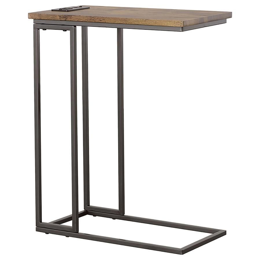 This sleek C-table combines industrial charm with modern convenience. The distressed brown top, crafted from engineered wood with a scratch-resistant laminate finish, pairs effortlessly with the sturdy metal base in a gunmetal powder-coated finish. Design
