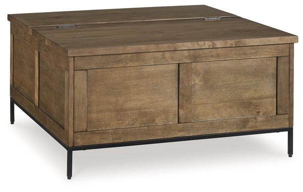 Made for the everyday, this coffee table is a sleek complement to your casual contemporary living room. Youâ€™ll love the refined-yet-relaxed vibe of its contrasting medium brown finish and matte black legs. Store throw blankets and more under the spaciou