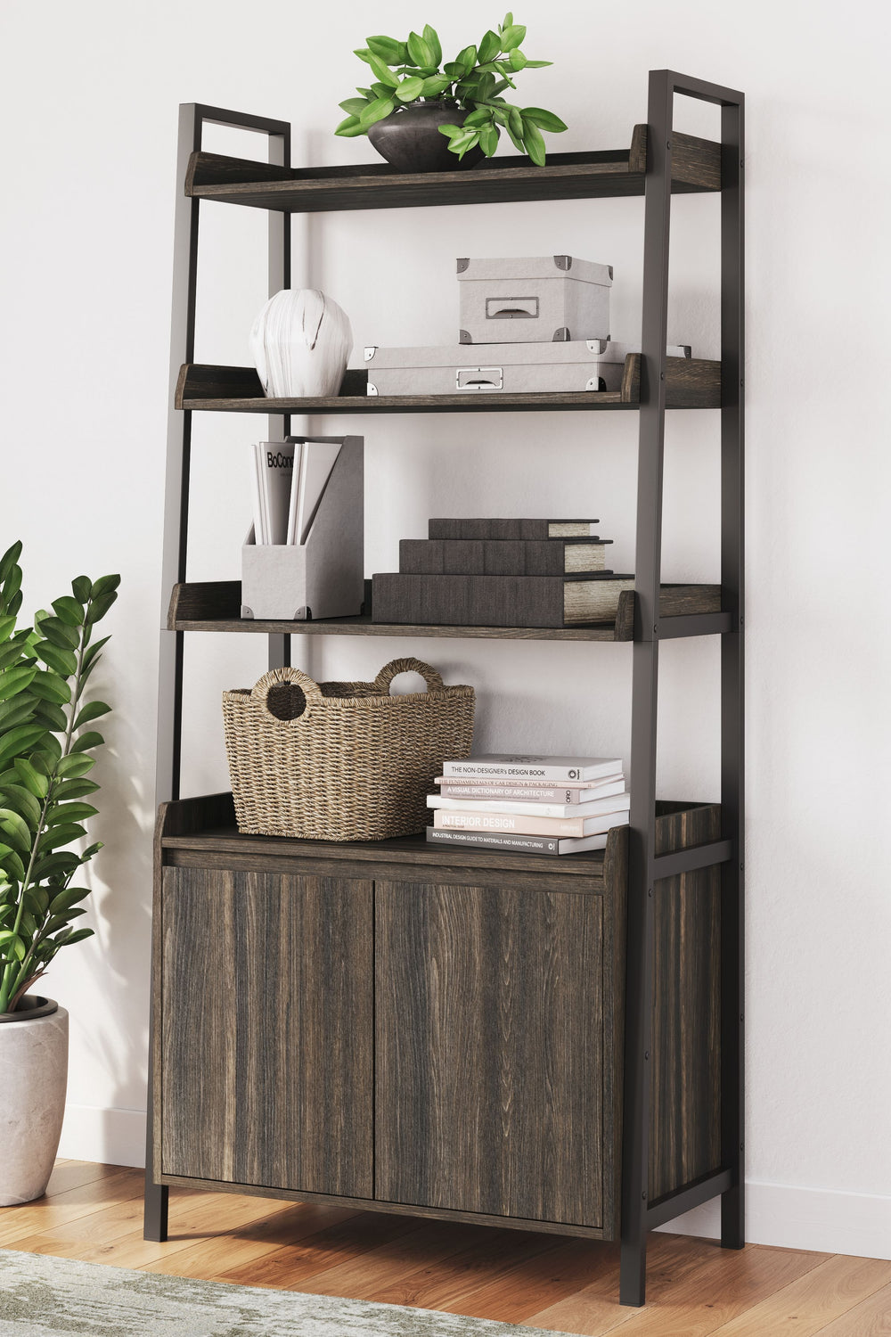 Craft a decidedly modern home office with this bookcase. Its rich dark brown wood grain pattern has an air of refinement, while the four open shelves and lower cabinet keep workspace essentials organized in sleek style.<br><br><b>Additional Dimensions</b>