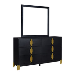 The Empire 2 Piece Dresser and Mirror Set in sleek black combines style and function seamlessly. This set includes a robust dresser and a matching mirror, both crafted from eco-friendly manufactured woods and decorative laminate for enduring durability. T